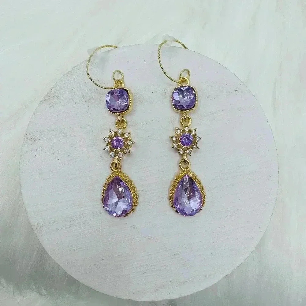 French Style Teardrop Purple Crystal Earrings